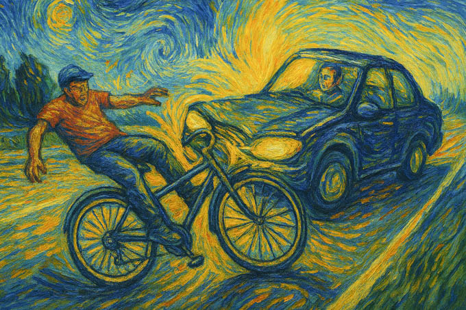 事故の様子（ゴッホ風）　絵とは違って、ちゃんとヘルメットかぶってました（笑）