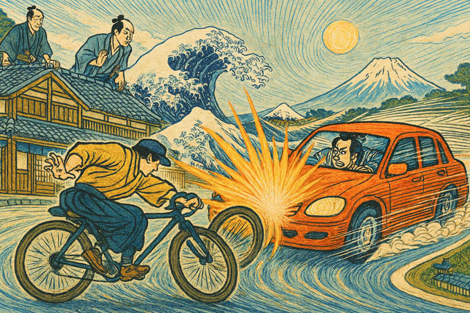 北斎風。自転車の前輪が１個多いのが気になる（それだけじゃないけど・・・）