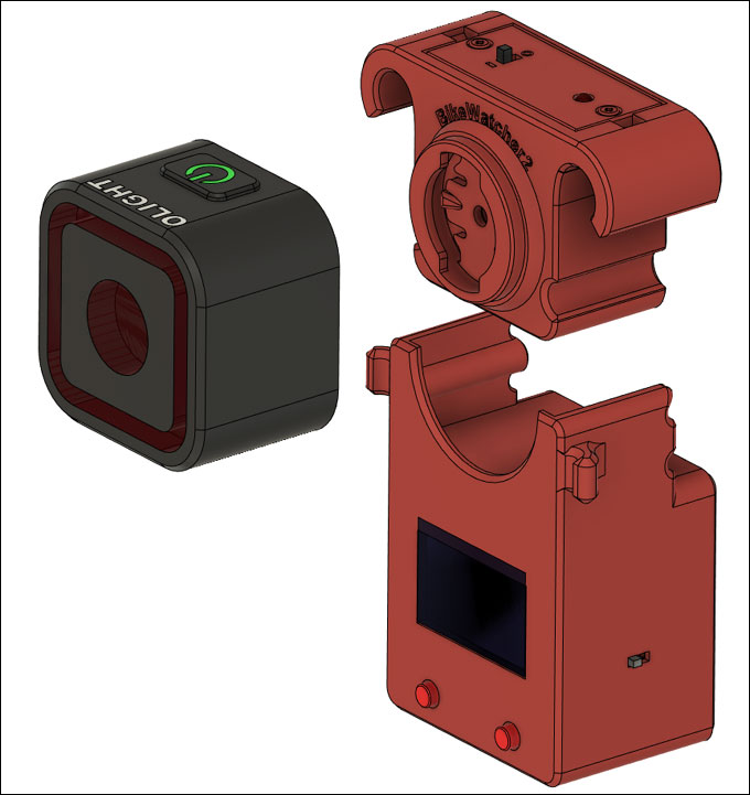 子機をサドルレールにぶら下げ、画面付き親機を合体させ、前面にはライトも合体！